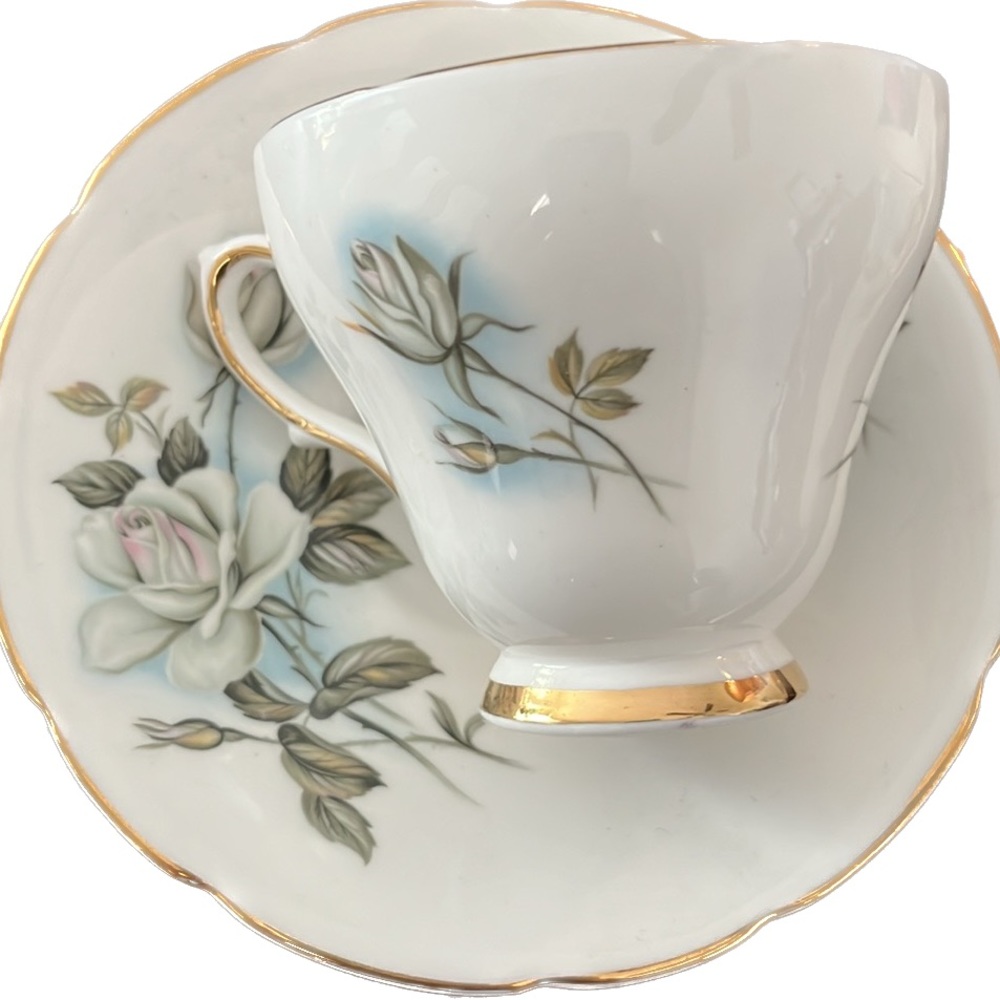 White and Gold Floral Teacup and Saucer Set